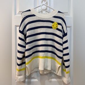 Kerri Rosenthal Open Knit Crochet Smiley Face Striped Sweater Size M Nautical